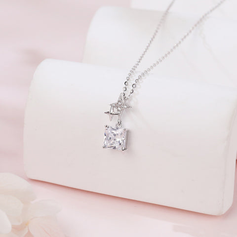 925 Sterling Silver stellar Radiance Zircon Necklace With Square Pendant Charm