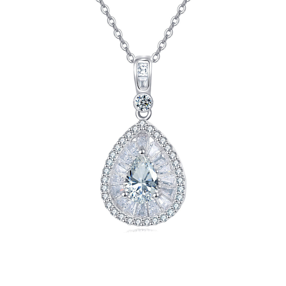 925 Sterling Silver Elegant Teardrop Zircon Pendant Necklace With Sparkling Solitaire Halo Design