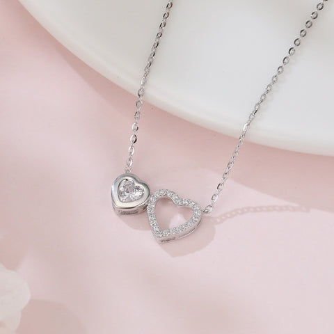 925 Sterling Silver Elegant Double Heart Zircon Necklace In Sterling Silver