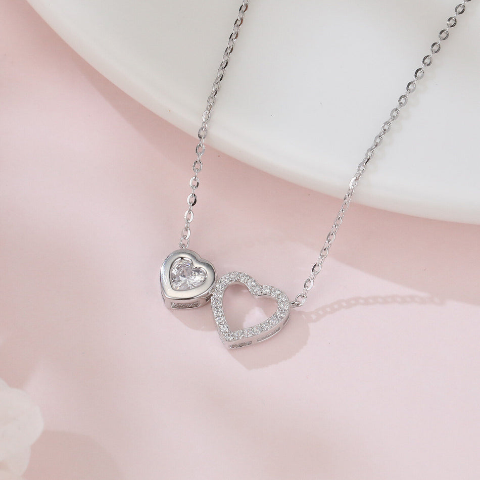 925 Sterling Silver Elegant Double Heart Zircon Necklace In Sterling Silver