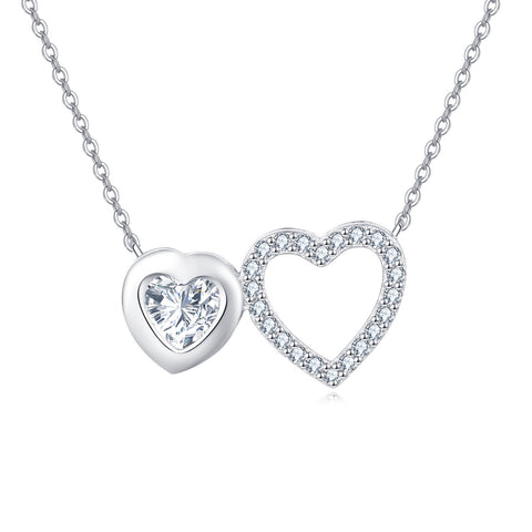 925 Sterling Silver Elegant Double Heart Zircon Necklace In Sterling Silver