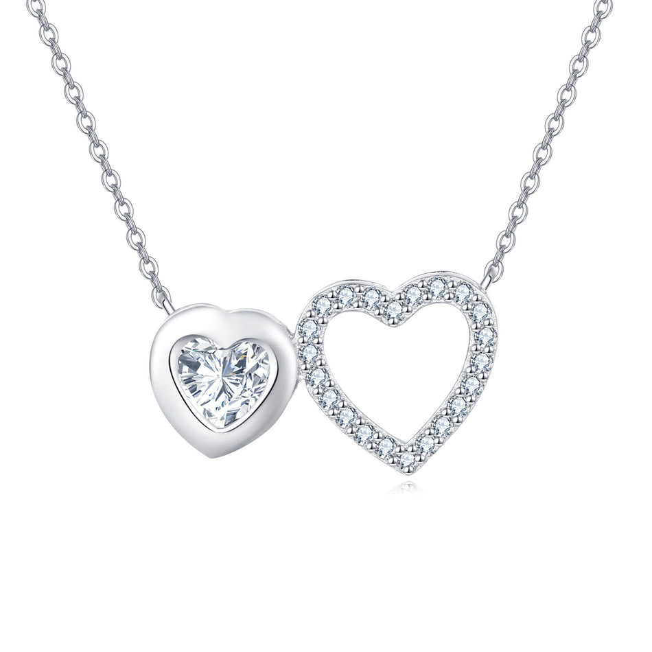925 Sterling Silver Elegant Double Heart Zircon Necklace In Sterling Silver