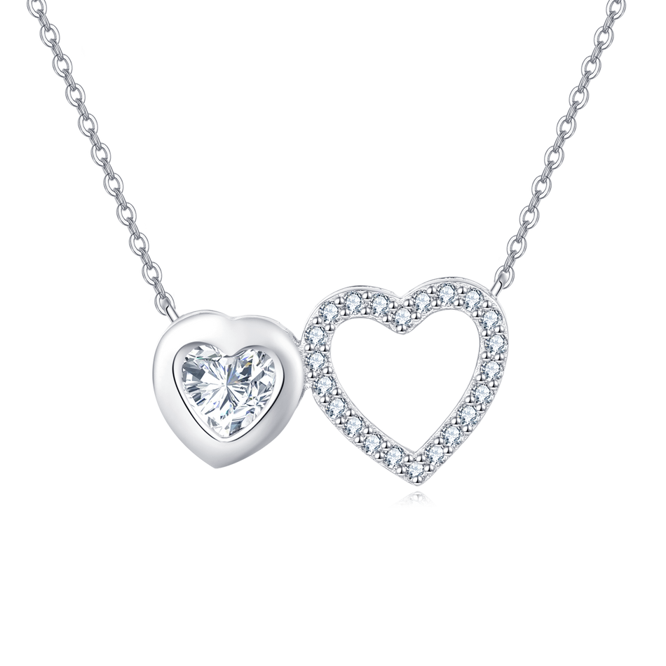 925 Sterling Silver Elegant Double Heart Zircon Necklace In Sterling Silver