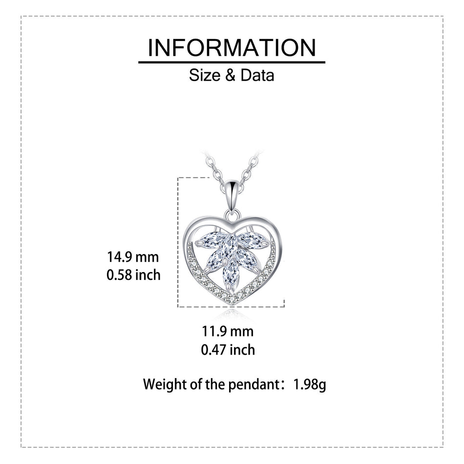 925 Sterling Silver Elegant Silver Heart-shaped Zircon Floral Pendant Necklace