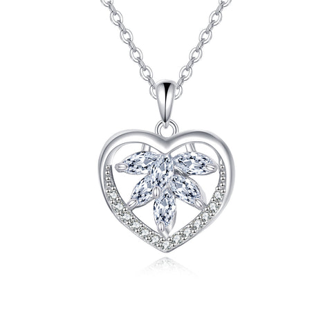 925 Sterling Silver Elegant Silver Heart-shaped Zircon Floral Pendant Necklace