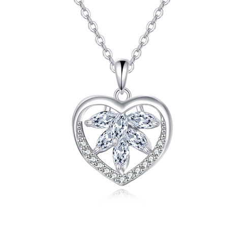925 Sterling Silver Elegant Silver Heart-shaped Zircon Floral Pendant Necklace
