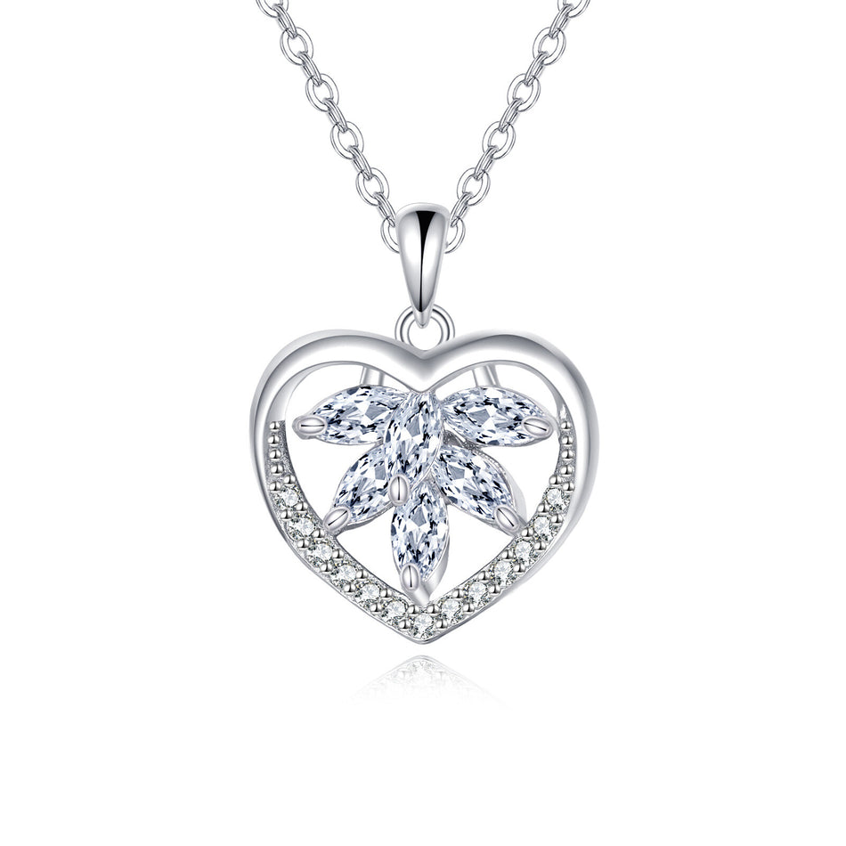 925 Sterling Silver Elegant Silver Heart-shaped Zircon Floral Pendant Necklace
