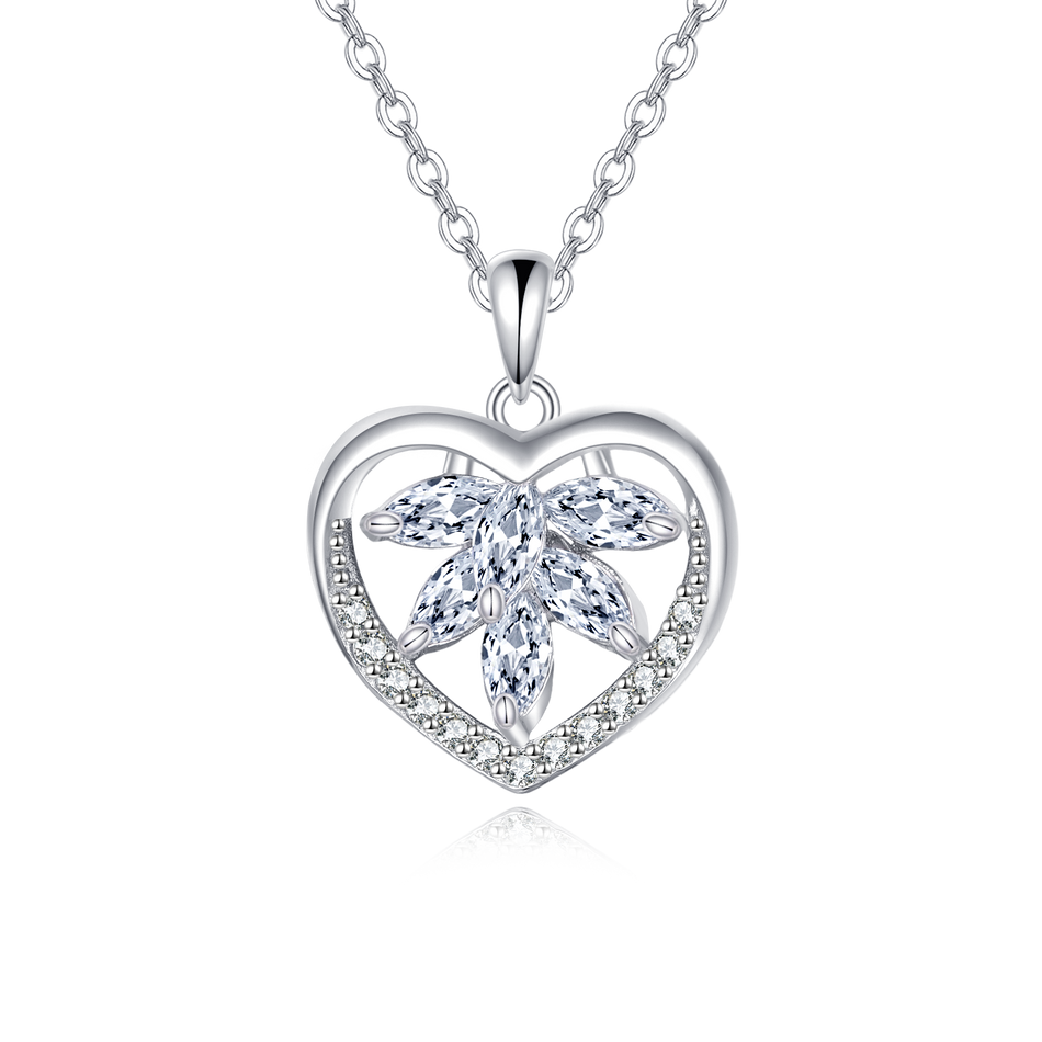 925 Sterling Silver Elegant Silver Heart-shaped Zircon Floral Pendant Necklace
