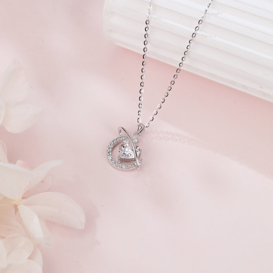 925 Sterling Silver Eternal Love Zircon Heart & Crescent Moon Silver Necklace