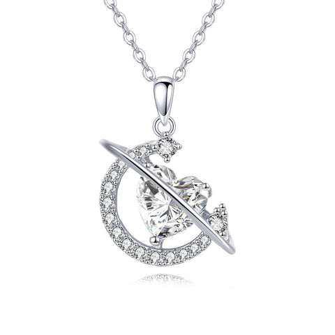 925 Sterling Silver Eternal Love Zircon Heart & Crescent Moon Silver Necklace