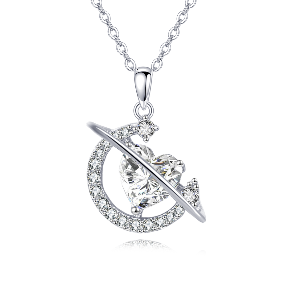 925 Sterling Silver Eternal Love Zircon Heart & Crescent Moon Silver Necklace