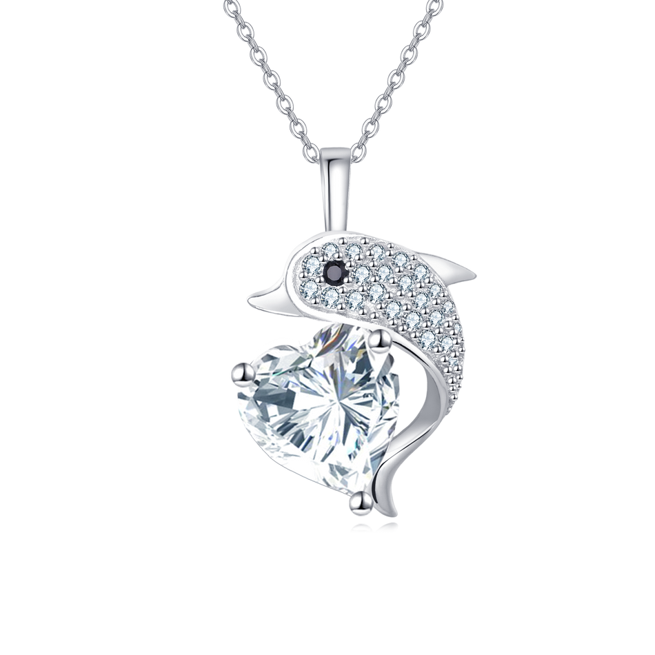 925 Sterling Silver Elegant Dolphin Heart-shaped Zircon Pendant Necklace