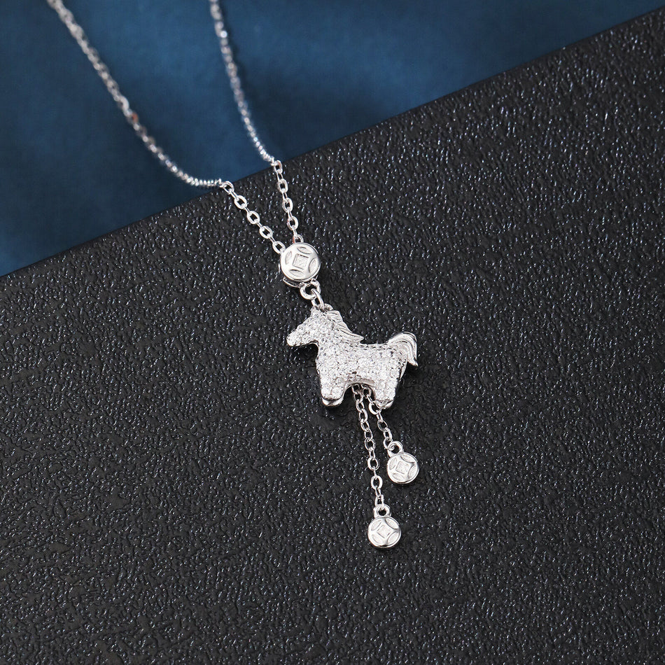 925 Sterling Silver Elegant Zircon-encrusted Horse Pendant Necklace With Adjustable Chain