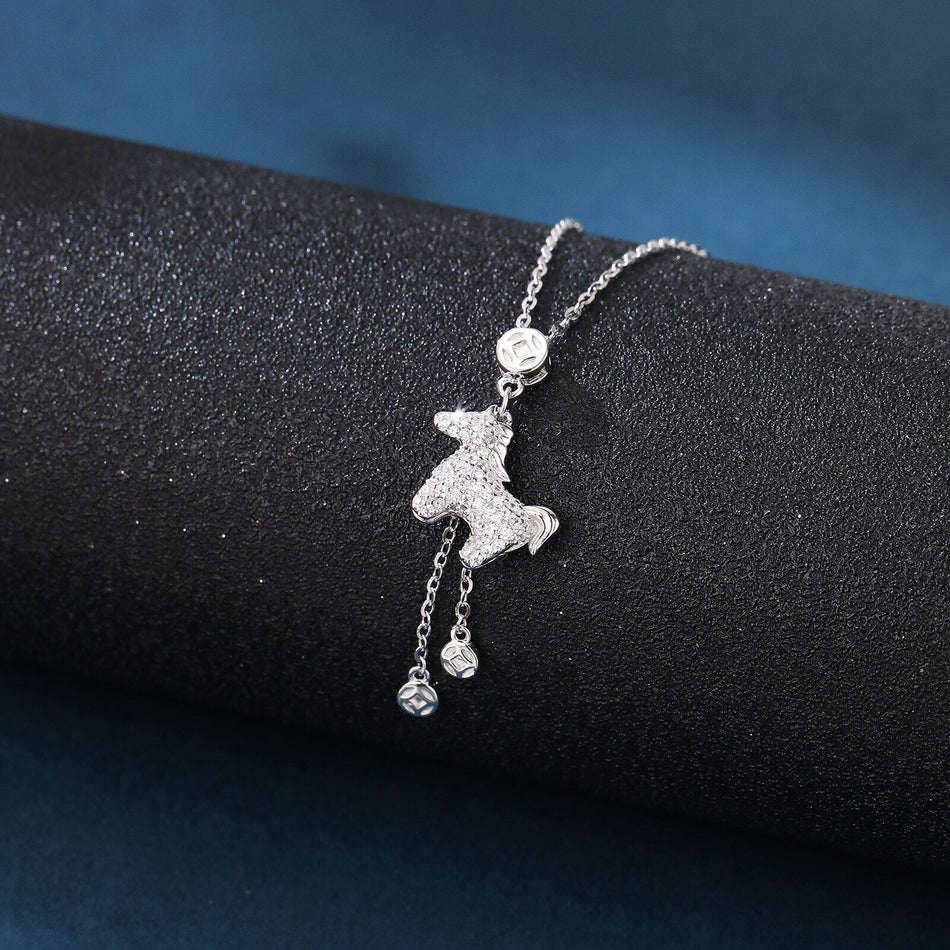 925 Sterling Silver Elegant Zircon-encrusted Horse Pendant Necklace With Adjustable Chain