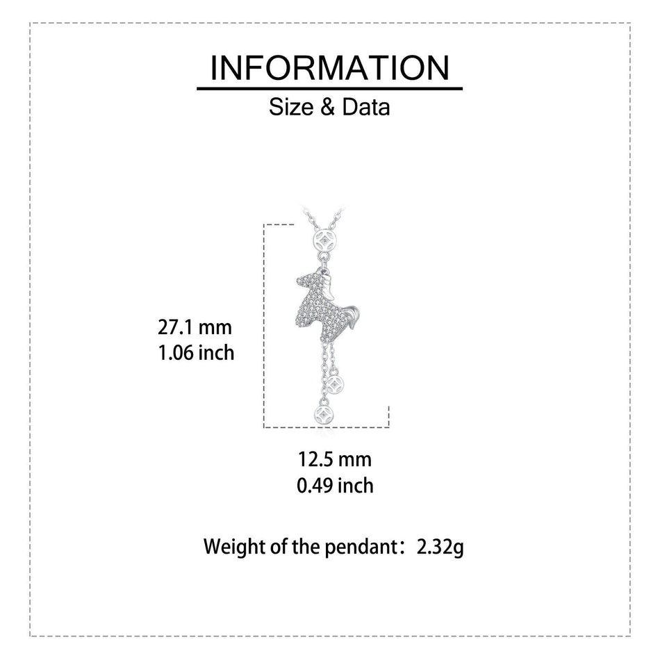 925 Sterling Silver Elegant Zircon-encrusted Horse Pendant Necklace With Adjustable Chain