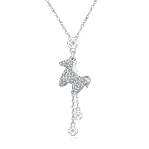 925 Sterling Silver Elegant Zircon-encrusted Horse Pendant Necklace With Adjustable Chain