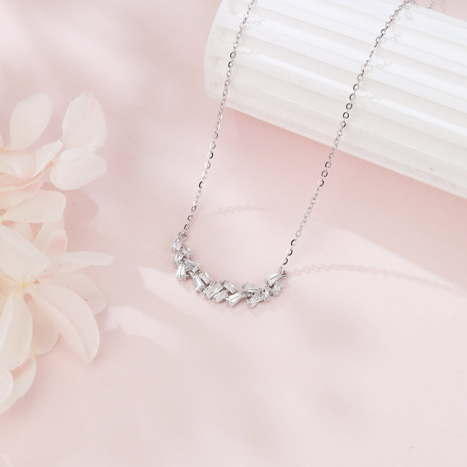 925 Sterling Silver Elegant Zircon Wave Necklace With Cascading Emerald-cut Stones On Delicate Silver Chain
