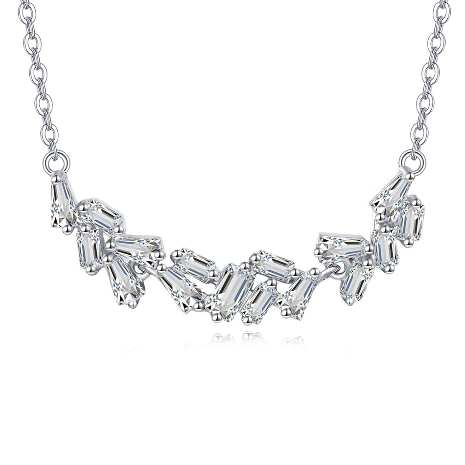 925 Sterling Silver Elegant Zircon Wave Necklace With Cascading Emerald-cut Stones On Delicate Silver Chain