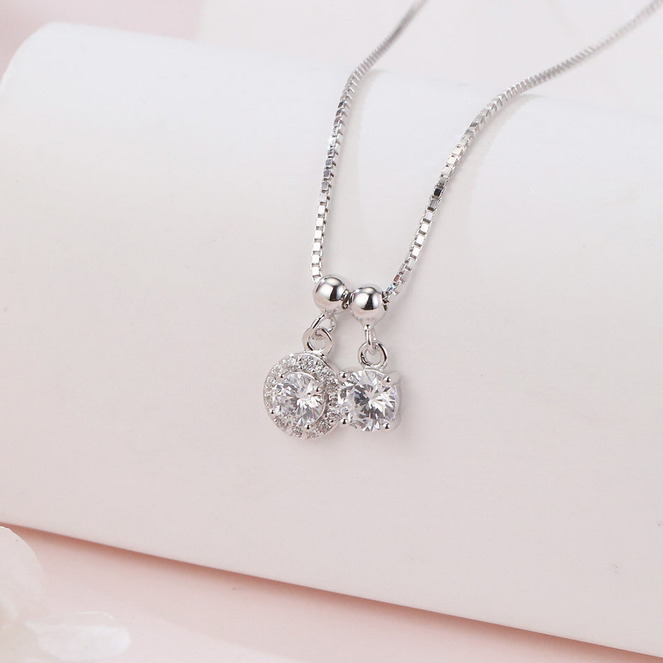 925 Sterling Silver Elegant Silver Zircon Pendant Necklace With Dual Charm Design
