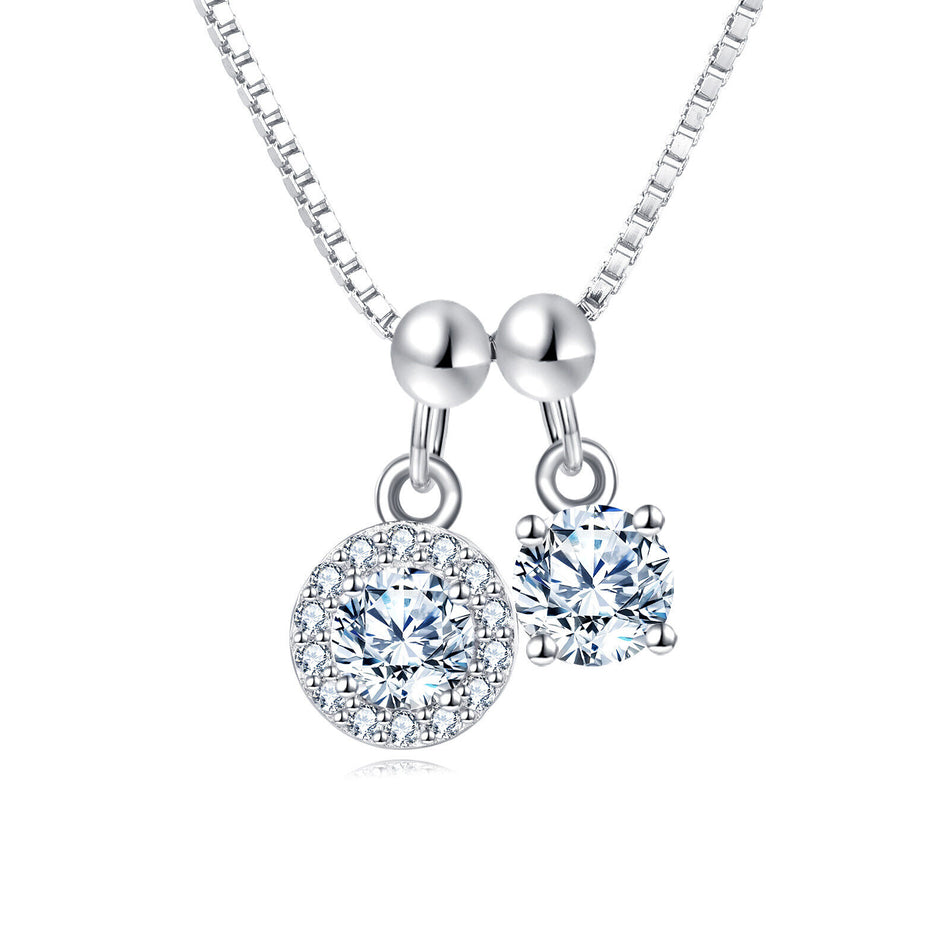 925 Sterling Silver Elegant Silver Zircon Pendant Necklace With Dual Charm Design