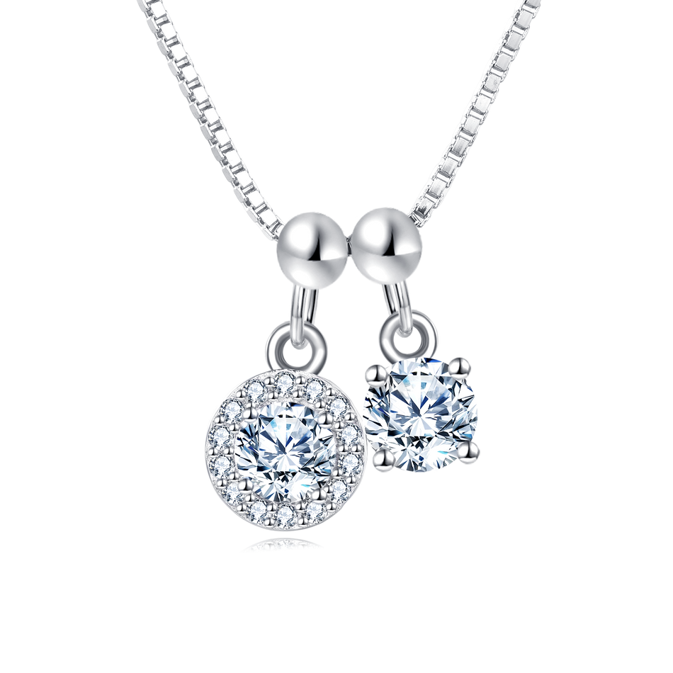 925 Sterling Silver Elegant Silver Zircon Pendant Necklace With Dual Charm Design