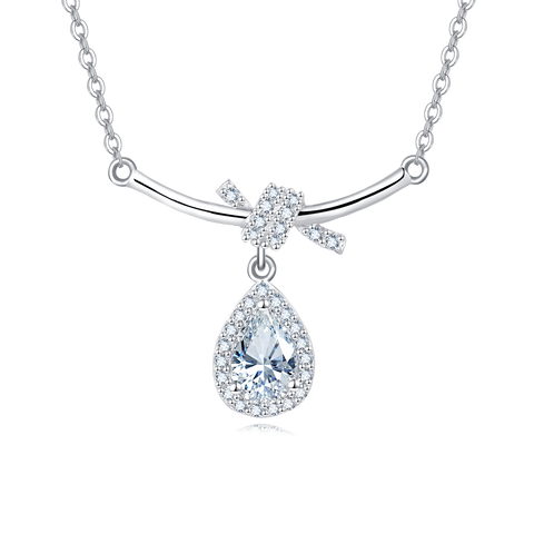 925 Sterling Silver Elegant Zircon Teardrop Necklace With Bow Accent In Sterling Silver