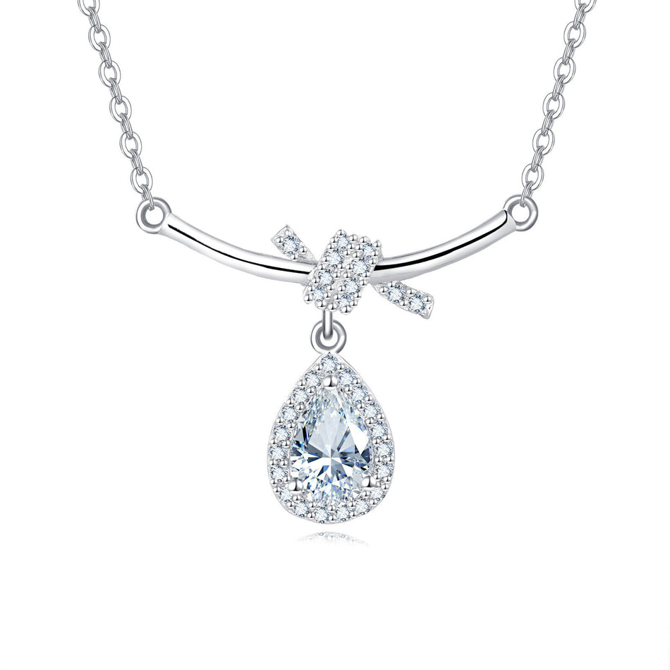 925 Sterling Silver Elegant Zircon Teardrop Necklace With Bow Accent In Sterling Silver