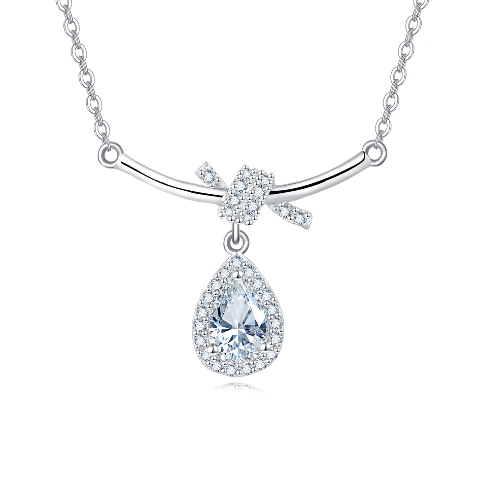 925 Sterling Silver Elegant Zircon Teardrop Necklace With Bow Accent In Sterling Silver