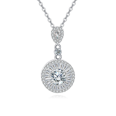 925 Sterling Silver Elegant Plated with White Gold Zircon Halo Pendant Necklace