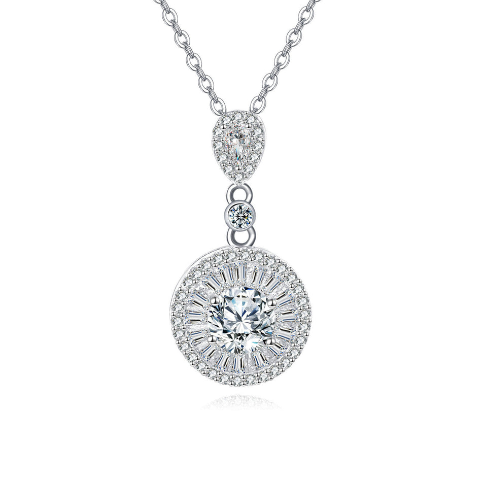 925 Sterling Silver Elegant Plated with White Gold Zircon Halo Pendant Necklace