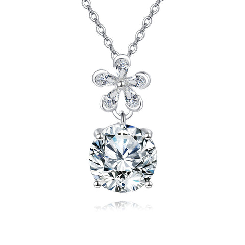 925 Sterling Silver Elegant Zircon Floral Pendant Necklace With Sparkling Center Stone