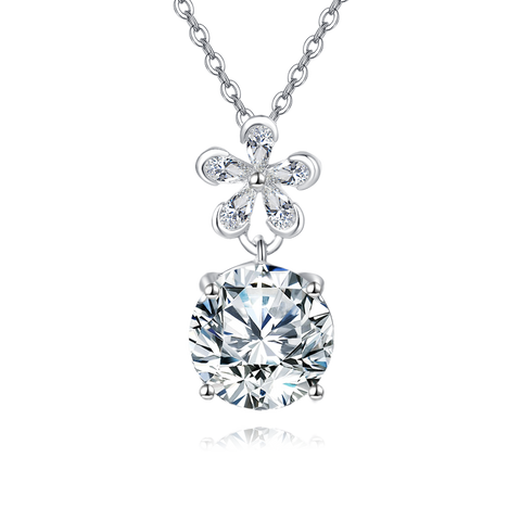 925 Sterling Silver Elegant Zircon Floral Pendant Necklace With Sparkling Center Stone