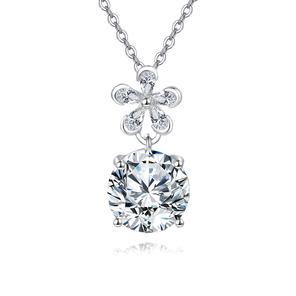 925 Sterling Silver Elegant Zircon Floral Pendant Necklace With Sparkling Center Stone