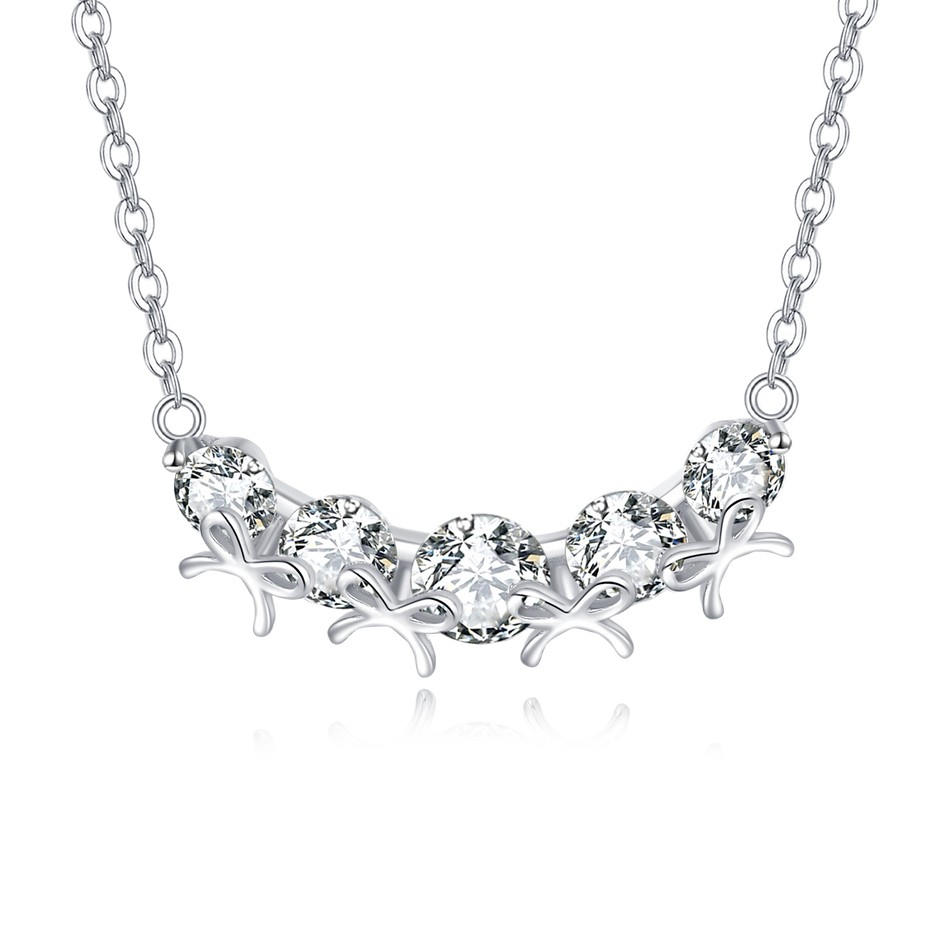 925 Sterling Silver Elegant Zircon Necklace With Five-stone Curved Bar Pendant And Delicate Silver Chain