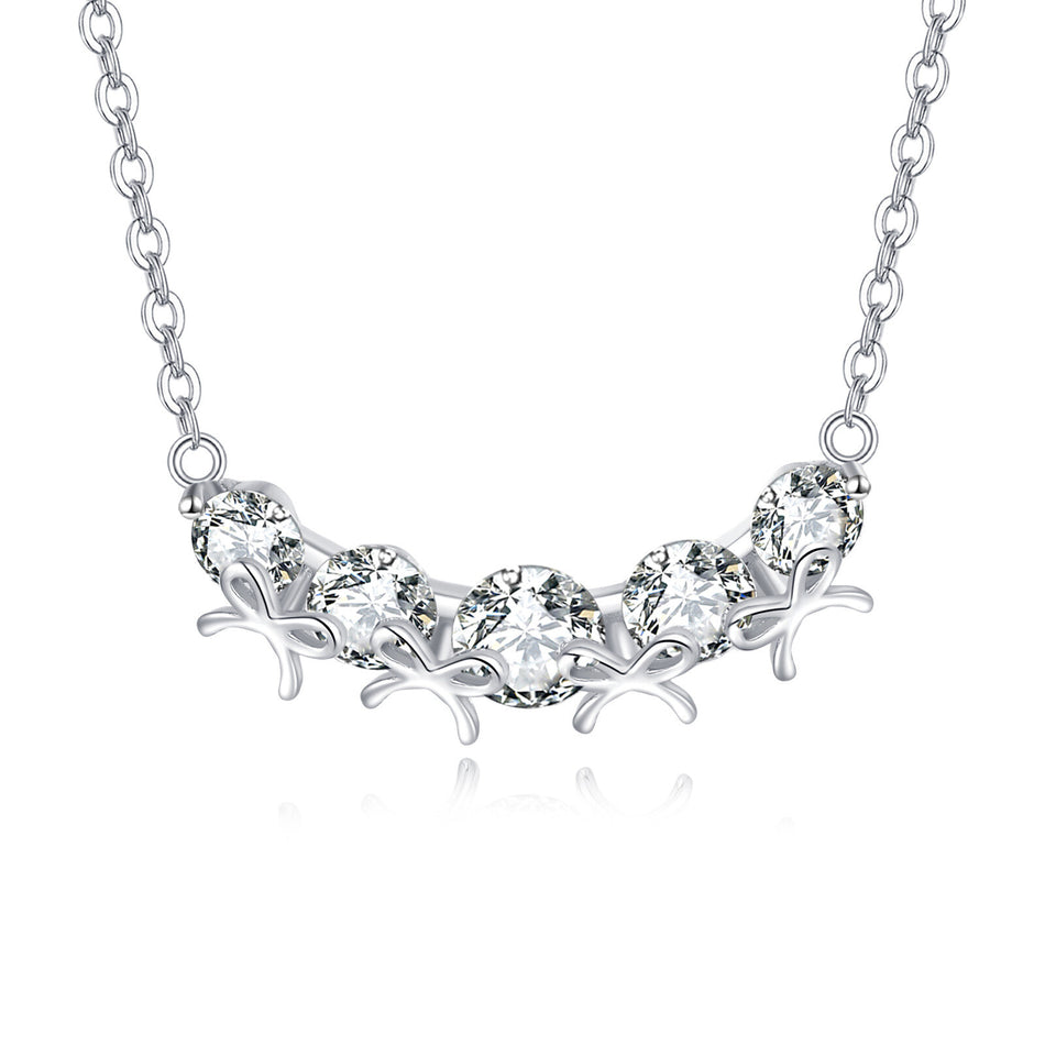 925 Sterling Silver Elegant Zircon Necklace With Five-stone Curved Bar Pendant And Delicate Silver Chain
