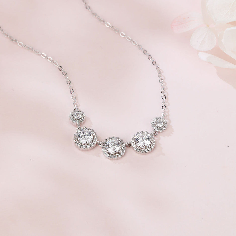 925 Sterling Silver Elegant Zircon Halo Necklace: Timeless Elegance With Five Radiant Stones
