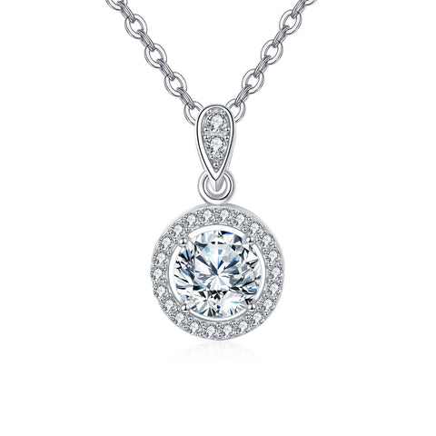 925 Sterling Silver Elegant Moissanite Pendant Necklace With Silver Chain And Classic Halo Design