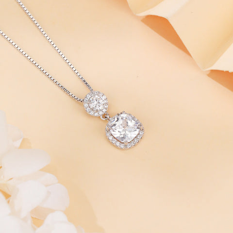 925 Sterling Silver Elegant Moissanite Pendant Necklace With Double Halo Design In Silver Chain