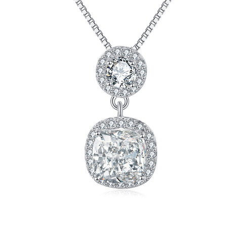 925 Sterling Silver Elegant Moissanite Pendant Necklace With Double Halo Design In Silver Chain