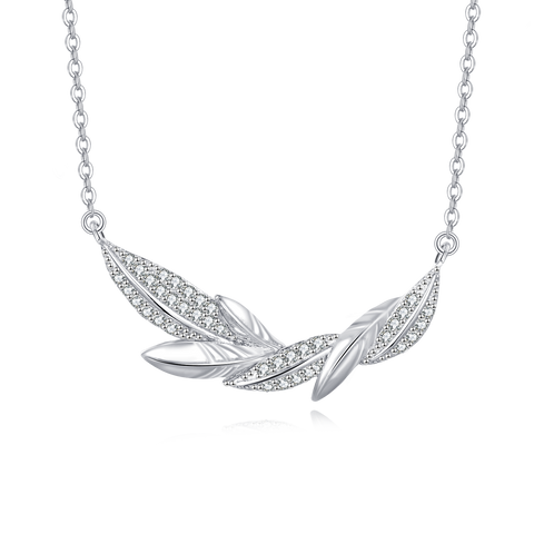 925 Sterling Silver **sparkling Zircon-encrusted Feather Pendant Necklace**