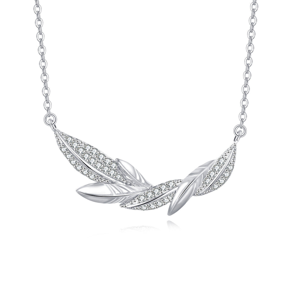 925 Sterling Silver **sparkling Zircon-encrusted Feather Pendant Necklace**