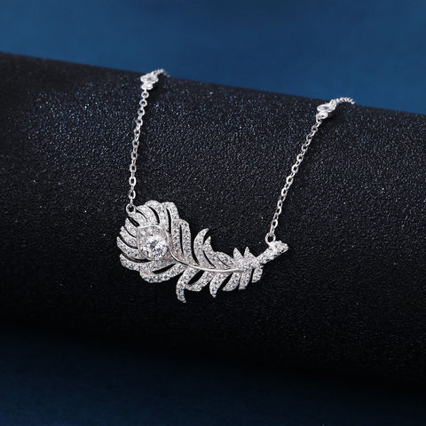 925 Sterling Silver Zircon-encrusted Feather Pendant Necklace