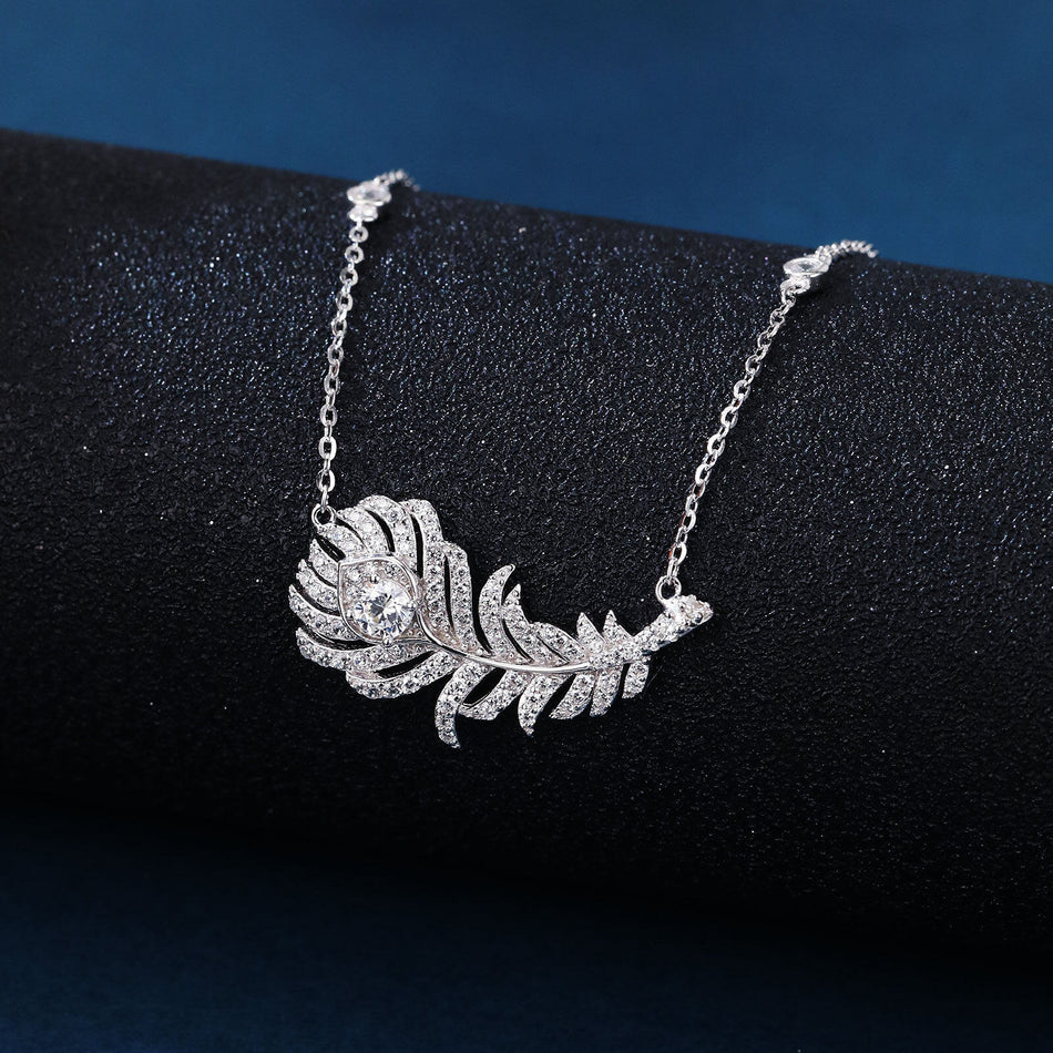 925 Sterling Silver Zircon-encrusted Feather Pendant Necklace