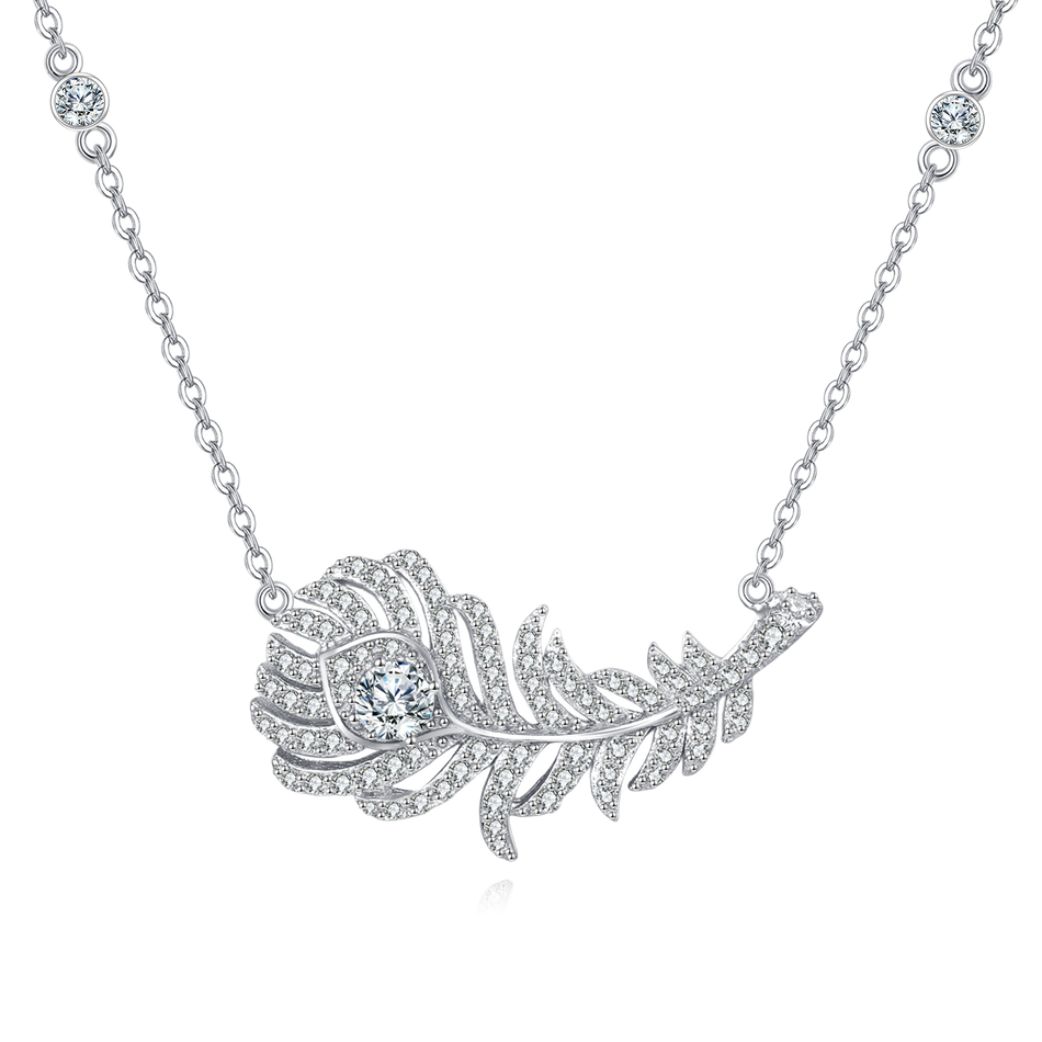 925 Sterling Silver Zircon-encrusted Feather Pendant Necklace