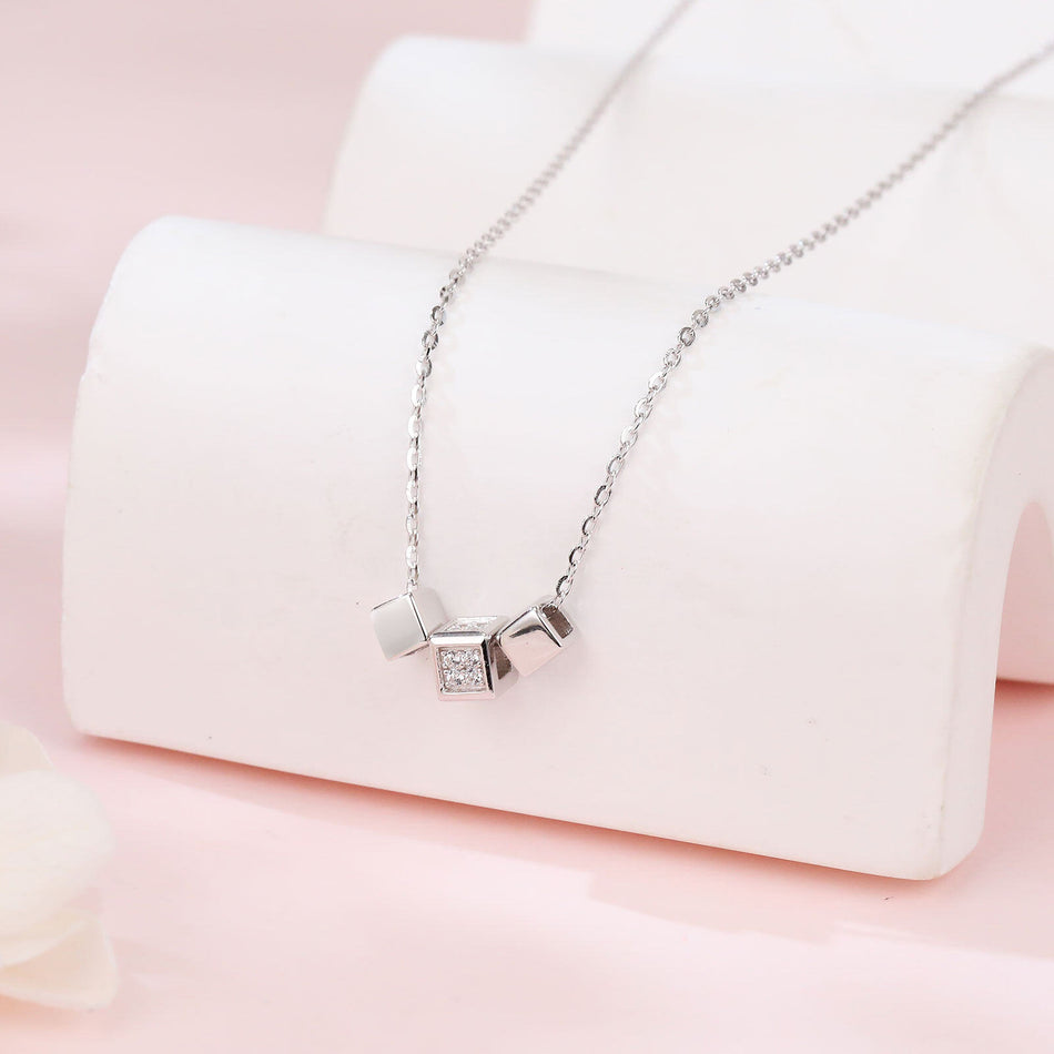 925 Sterling Silver Elegant Zircon Cube Necklace With Silver Chain And Modern Design
