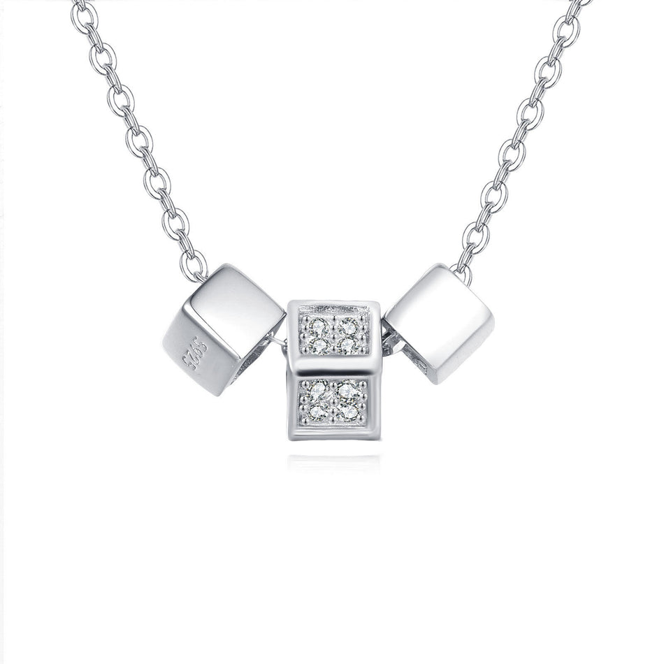 925 Sterling Silver Elegant Zircon Cube Necklace With Silver Chain And Modern Design