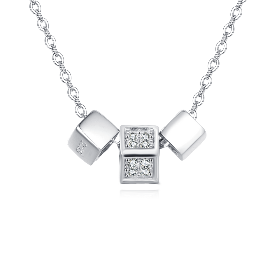 925 Sterling Silver Elegant Zircon Cube Necklace With Silver Chain And Modern Design
