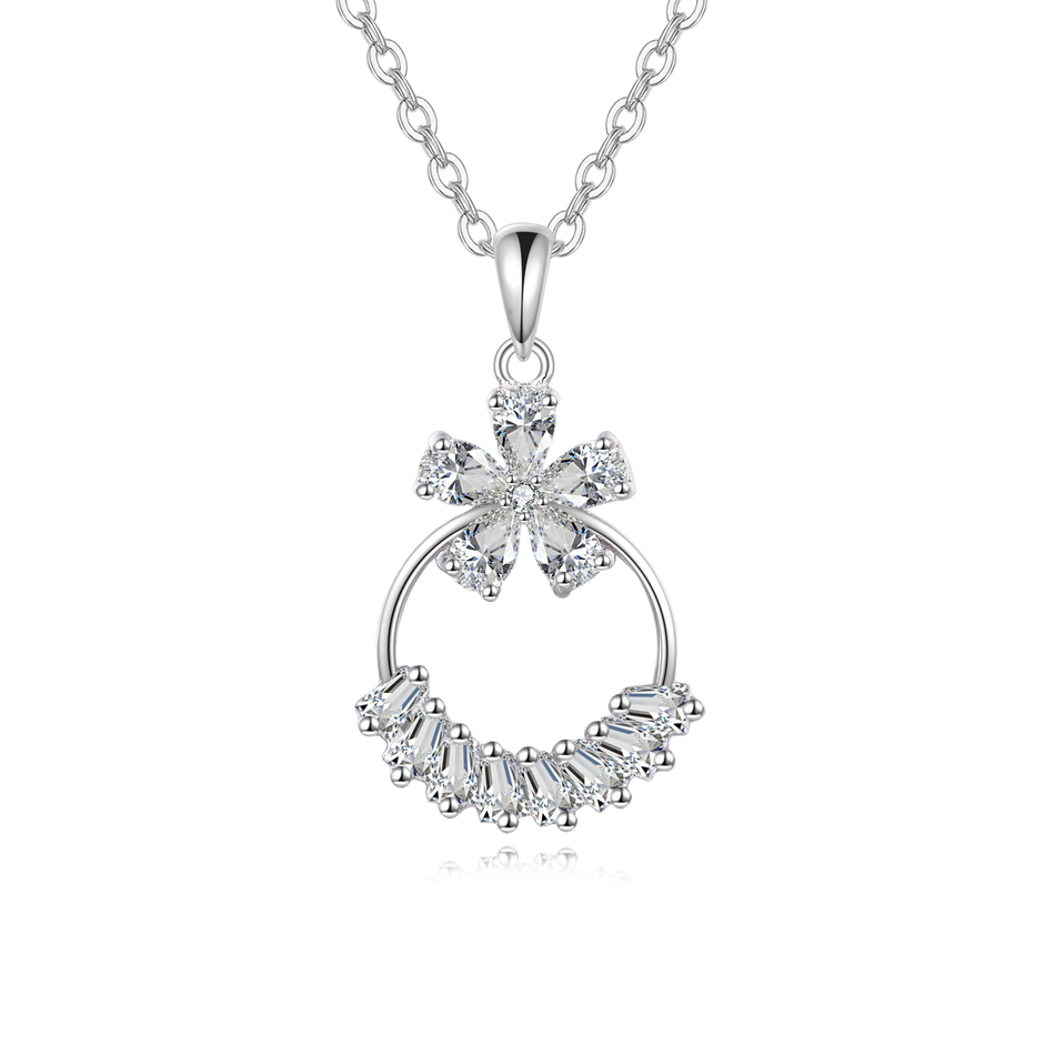 925 Sterling Silver Elegant Zircon Flower Pendant Necklace With Silver Chain