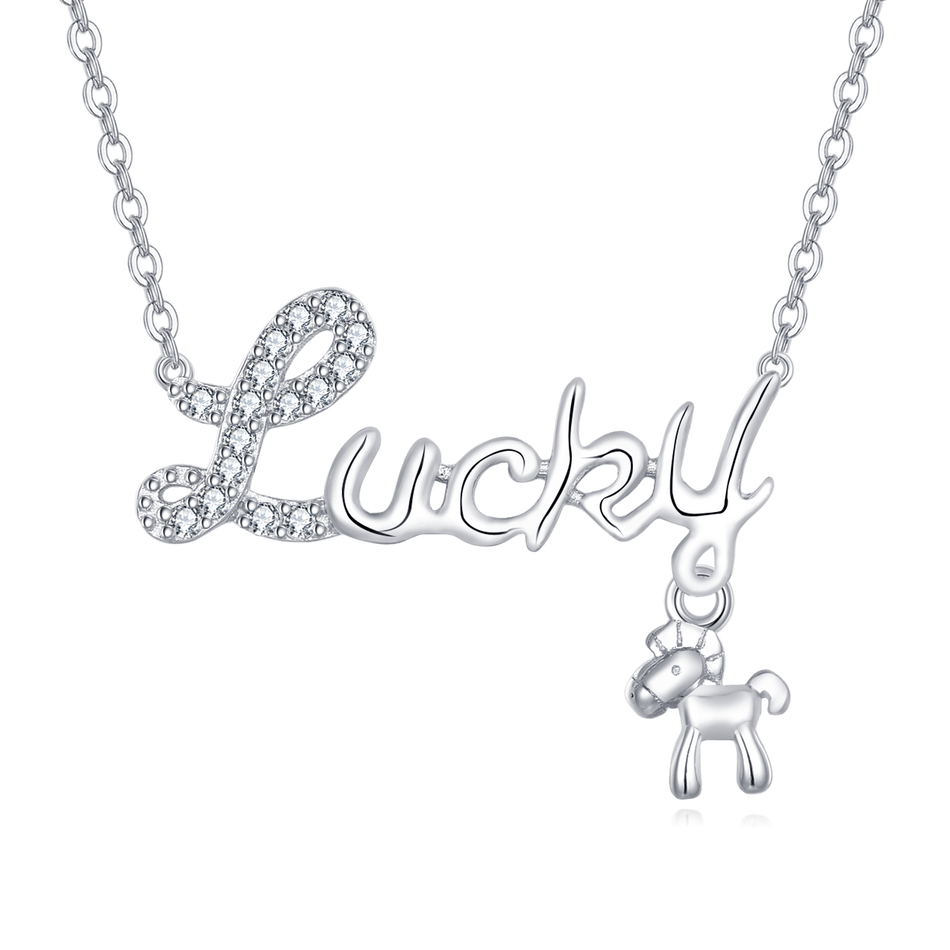925 Sterling Silver Elegant Lucky Charm Necklace With Zircon-accented Horse Pendant