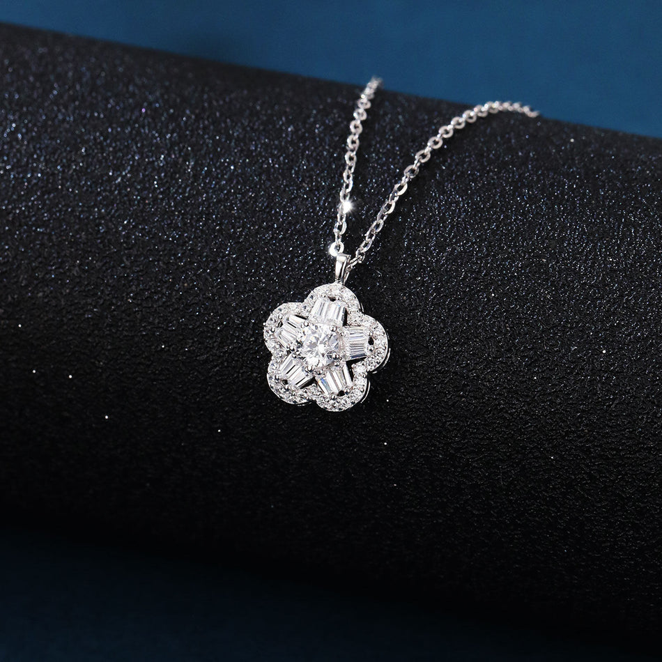 925 Sterling Silver Elegant Floral Zircon Pendant Necklace With Round Center Stone And Baguette Accents